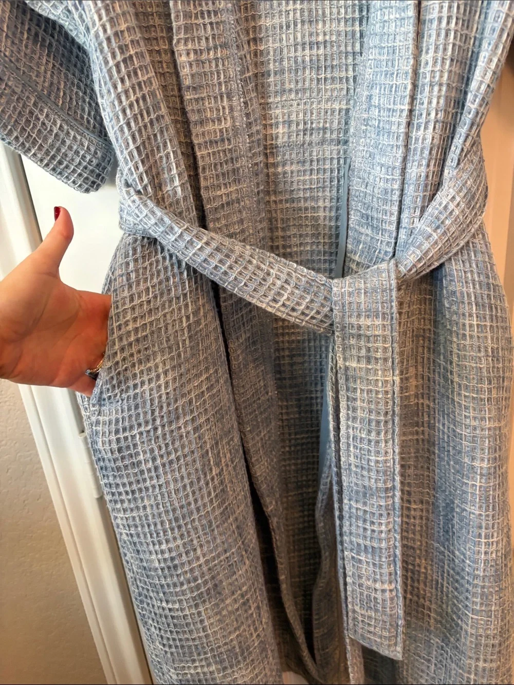 Waffle Weave Light Blue Kimono Robe with Belt - Unbranded